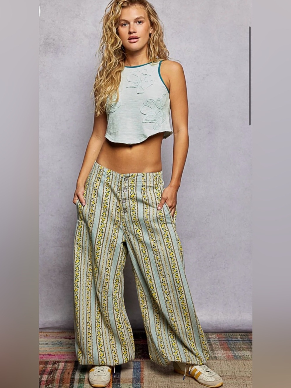 POL Vintage Wash Boho Wide-Leg Lemon Blue Floral Twill Jogger Pants Sz Medium